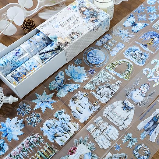 Snycler Pre-Cut PET Washi Tapes- 4 Rolls Blue Snowflake
