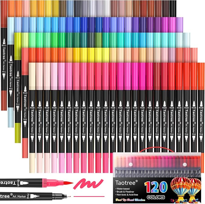 Taotree 120 Colors Dual Tip Art Markers Pens for Adult Coloring Book | Artist Fine & Brush Tip Coloring Markers Set Drawing Pens Craft Art Supplies for Journaling Note Taking Lettering Calligraphy