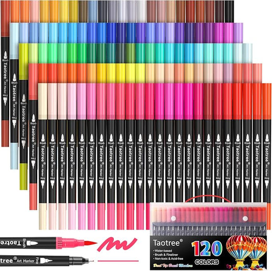 Taotree 120 Colors Dual Tip Art Markers Pens for Adult Coloring Book | Artist Fine & Brush Tip Coloring Markers Set Drawing Pens Craft Art Supplies for Journaling Note Taking Lettering Calligraphy