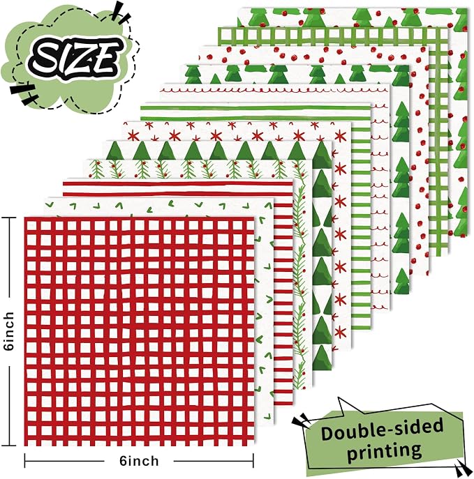JarThenaAMCS 24 Sheets Christmas Pattern Paper Watercolor Xmas Tree Stripe Scrapbook Specialty Paper Double Sided Red Green Art Papers for DIY Crafts Supplies, 6 x 6 Inch