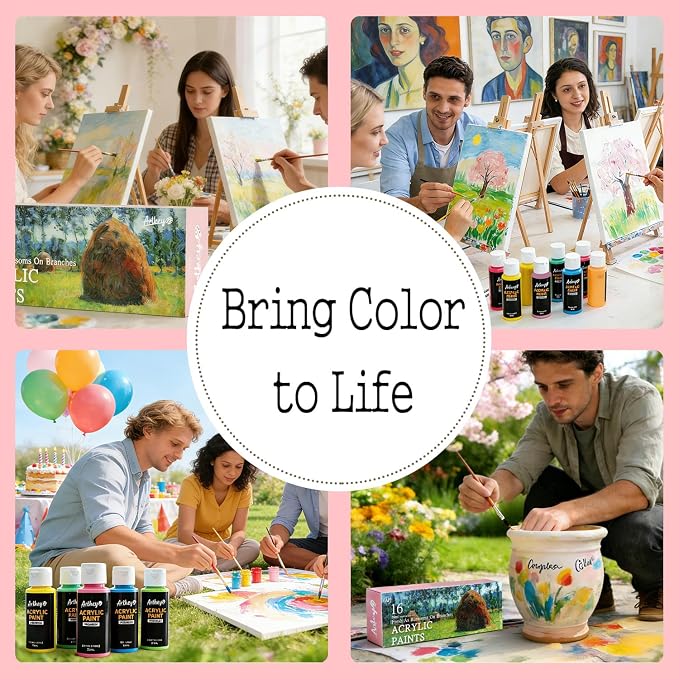 Artkey Acrylic Paint Set, 16 Colors 2 oz/59 ml Acrylic Paint Kit for Professional Artists & Beginners – Spring Pastel Art & Craft Supplies for Canvas, Wood, Fabric, Rock, Leather, Ceramic, Glass