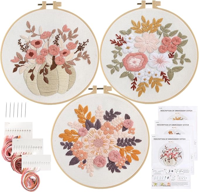 Sivilife Embroidery Kit for Beginners, 3 Sets Stamped Cross Stitch Kits for Beginner, Floral Pattern Embroidery Starter Kits for Adults with Embroidery Hoop Instructions Threads and Needles Scissors