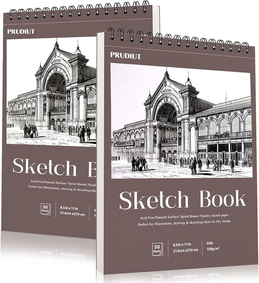 2 Pack Sketch Book 8.5 × 11 in, Spiral Sketch Pad, 50 Sheets Each | 68 Lb/100 gsm Acid-Free Paper, Perforated Pages, Spiral Bound, Backboard Support, for Pencil Charcoal Pastel