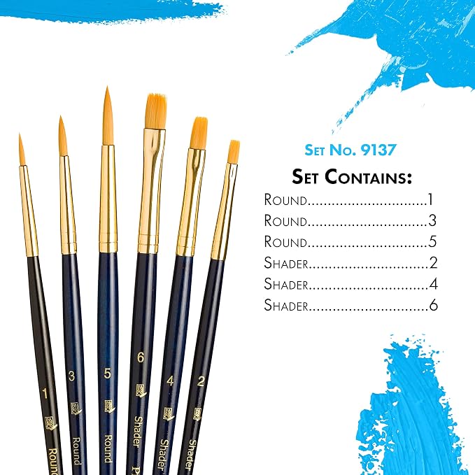 Princeton Real Value, Series 9100, Paint Brush Sets for Acrylic, Oil & Watercolor Painting, Syn-Gold Taklon (Rnd 1, 3, 5, Shader 2, 4, 6)
