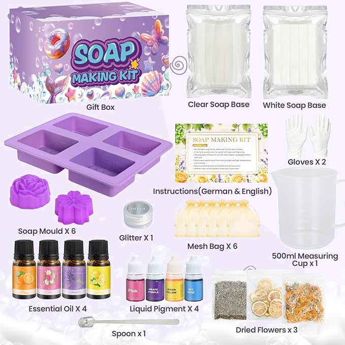 Jcoos Soap Making Kit, Soap Making Kit for Adults - Shea Butter Glycerin Melt and Pour Soap Base, Molds, Dye, Fragrances, Dried Flowers, DIY Craft for Beginners Girls Crafts