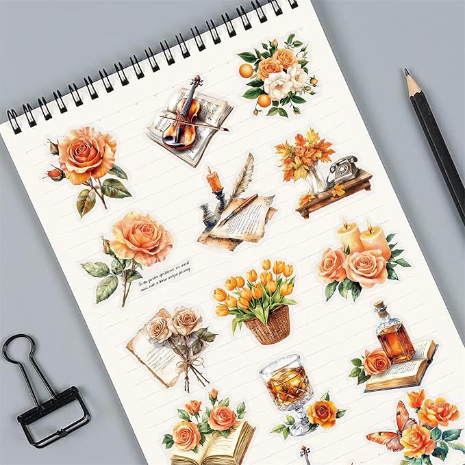 50 Pieces Vintage Orange Rose Floral Transparent Stickers for Scrapbooking, Self-Adhesive Scrapbooking Stickers Supplies Journal Stuffers for Adult Card Making Letters DIY