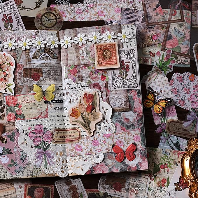 Esweny 100 PCS Vintage Ephemera Pack Journaling Scrapbooking Supplies Scrapbook Sticker Paper Kit for Junk Journal Planners Collage Craft Notebooks Decoupage Album (Flowers)