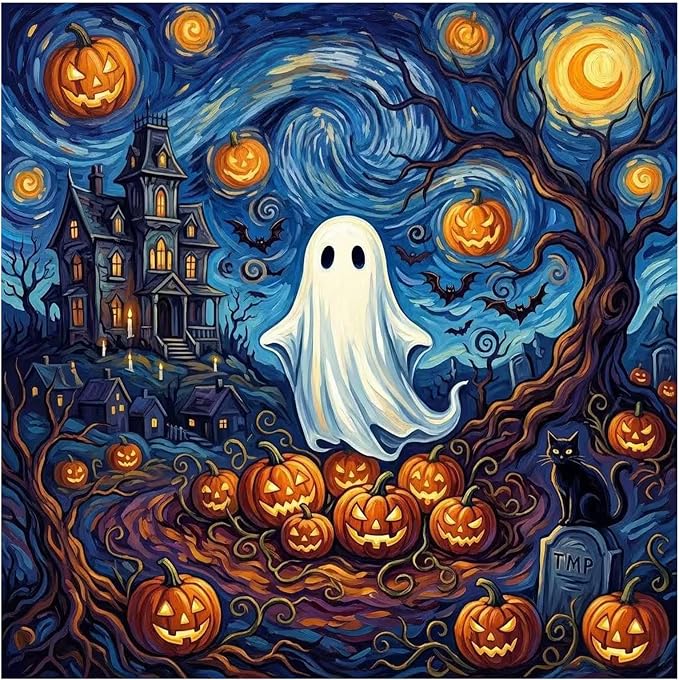 Mandun Halloween Ghost Paint by Numbers Kit for Adults, 16x16 inch | DIY Painting Kits Crafts for Adults, Relieve Stress, Frame Canvas, Wooden Easel, Gift Box, Home Wall Decor