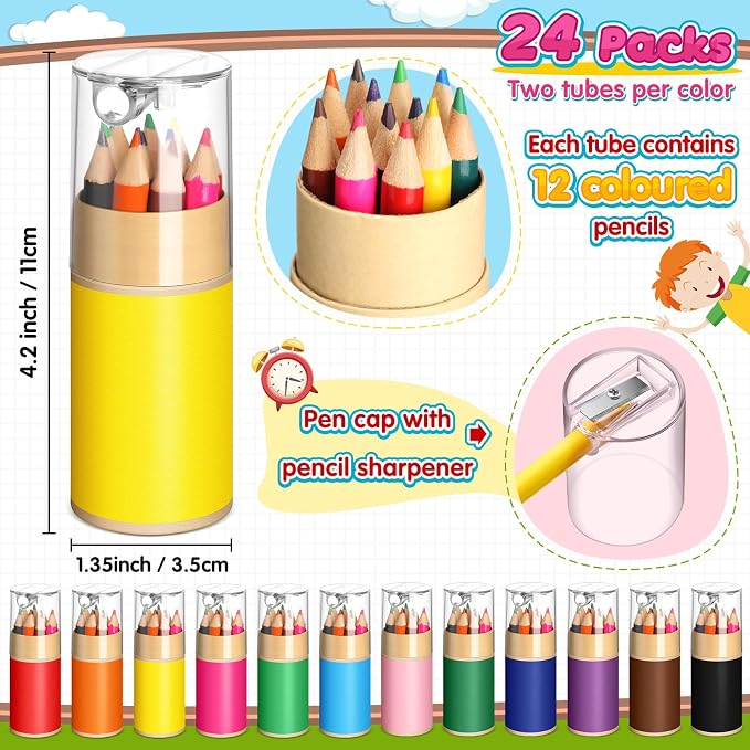 24 Sets Mini Drawing Colored Pencils Bulk with Sharpener, 3.5" Small 12 Colors Portable Travel Pencil Set for Easter Graduation Party Favors Supplies