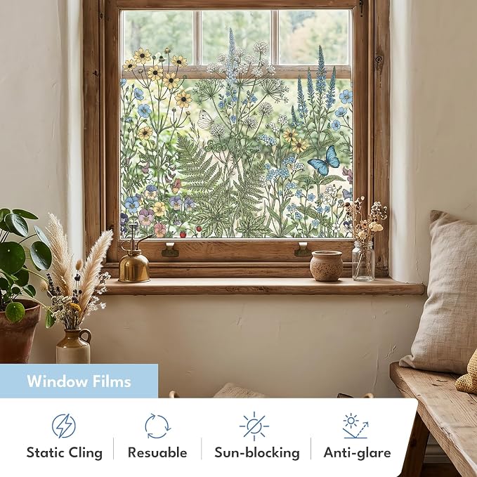 ADD.HERES Window Privacy Film,Colorful Floral Window Stickers,Removable DIY Bouquet Static Clings, Decals for Home School Office Party Supplies, Wildwood Whisper, 17.5" x 78.7"