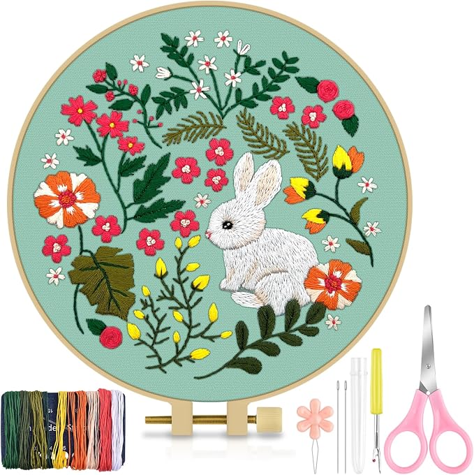 TINDTOP Embroidery Kit for Beginners Adult, Rabbit Embroidery Kit | Include Embroidery Cloth Hoops Threads for Craft Lover Hand Stitch with Embroidery Skill Techniques