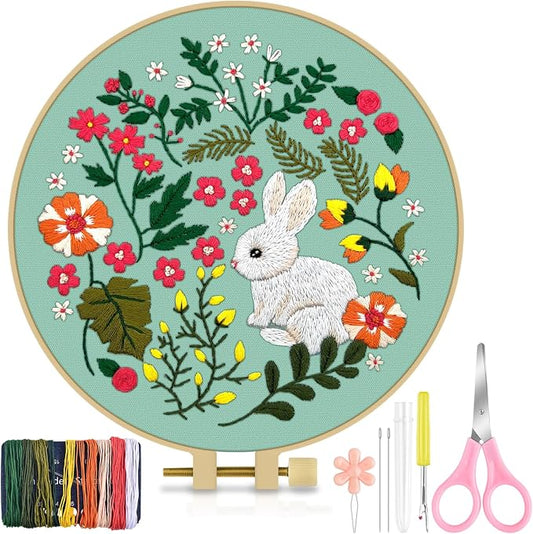 TINDTOP Embroidery Kit for Beginners Adult, Rabbit Embroidery Kit | Include Embroidery Cloth Hoops Threads for Craft Lover Hand Stitch with Embroidery Skill Techniques