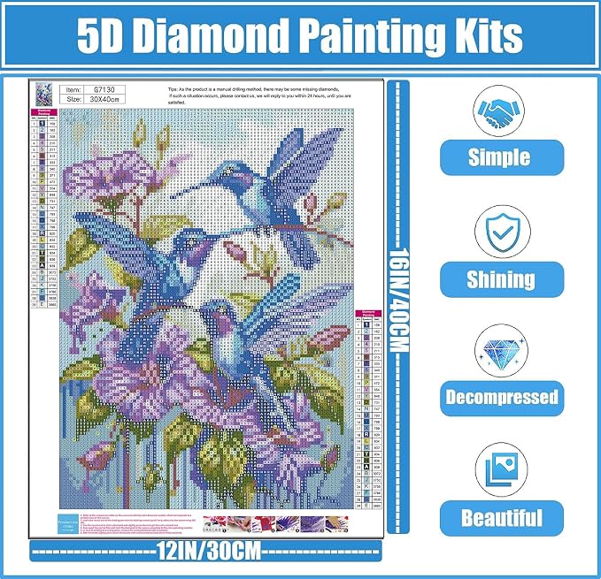 Hummingbird Diamond Art Kits for Adults,DIY 5D Diamond Painting Kits for Beginners,Round Full Drill Diamond Dots Paintings Picture Gem Art Craft for Home Wall Art Decor Gifts 12x16inch