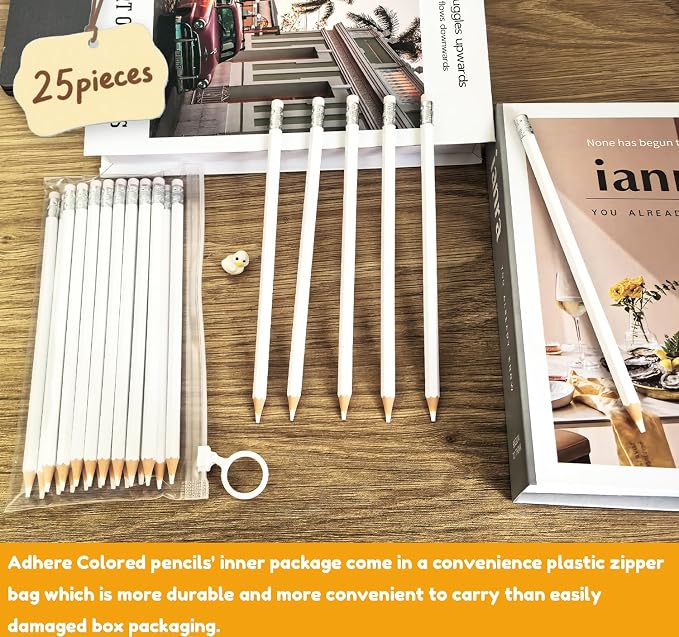 Adhere 25pcs Checking Pencils Erasable colored Pencils Pre-Sharpened #2 HB,for Checking Tests Grading,Map Coloring, editing Office Favors,including a Free sharpener. (White)