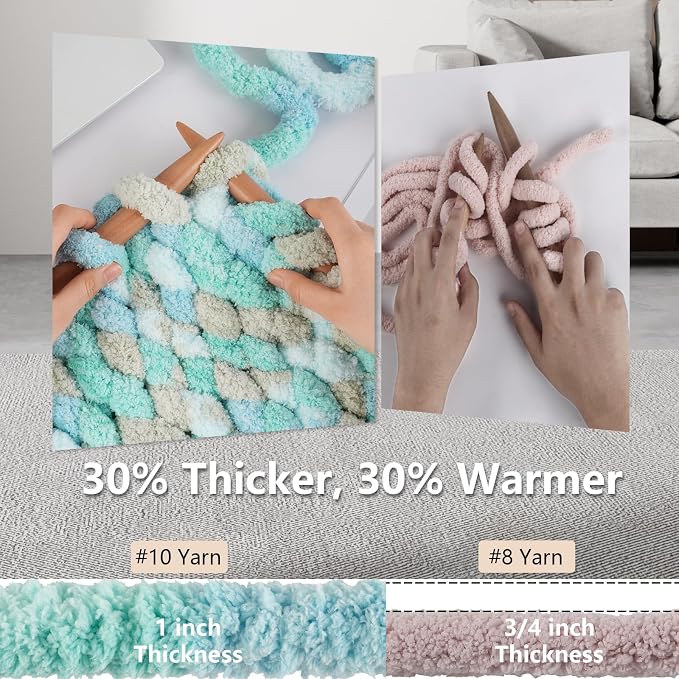 Cozyful Chunky Yarn for Hand Knitting - #10 Chunky Chenille Blanket Yarn, Jumbo Big Thick Chunky Yarns for Crocheting, Tie Dye Bulky Knit Yarns, 8 Skein (20 yds 8 oz Each Skein), Khaki & Teal & Blue
