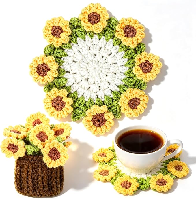 Sunflower Crochet Coasters Set - Knitted Cotton Flower Coaster | Mini Potted Plant Flower Decoration for Home Office Desk - Knitted Cotton Flowers Bouquet for Housewarming Gift Car Decor
