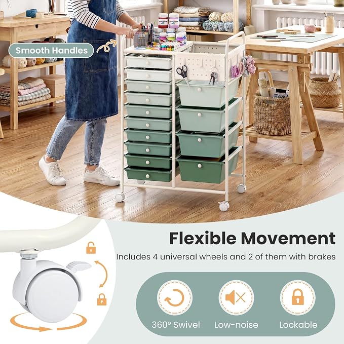 Giantex 14 Drawer Storage Cart, Rolling Craft Cart with Metal Tabletop & Pegboard, Mobile Utility Organizer Trolley with Locking Wheels, Home Office, Green Gradient