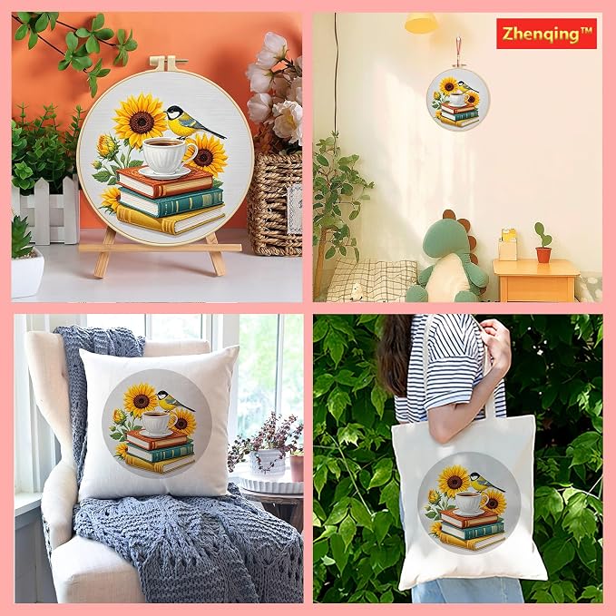 Zhenqing Book Lover Embroidery Kit for Beginners, Sunflower Bird & Coffee Books Needlework Craft with Pre-Printed Cotton Fabric, Hoop, Threads & Tools, Reading Nook Decor (C0112)