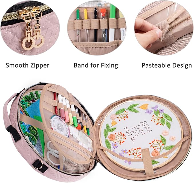 MYBAGZING | Round Embroidery Bag(Empty) - Embroidery Storage Bag -Cross Stitch Supplies Organizer with Multiple Pockets for Embroidery Kits, Cross Stitch Suppliers, Embroidery Floss (Bag Only)