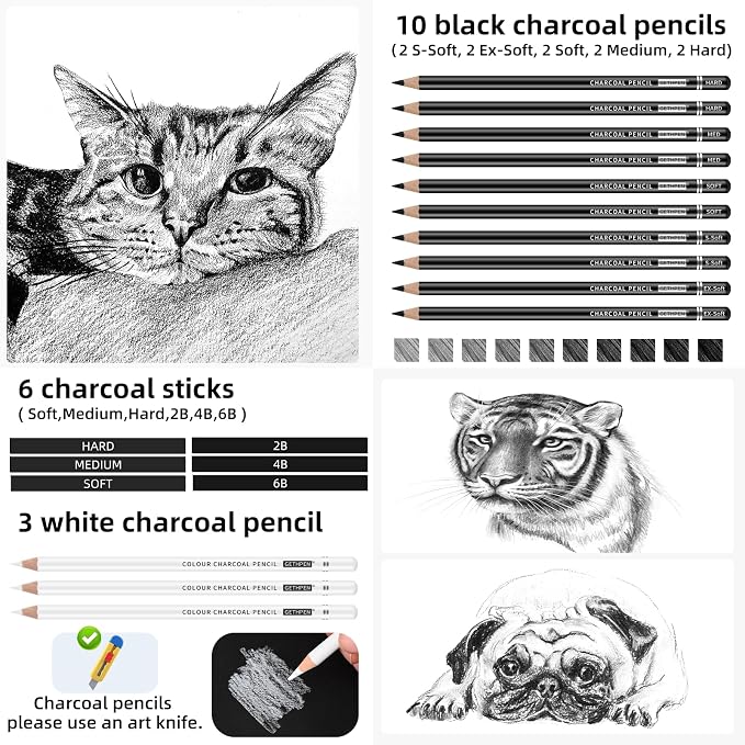 GETHPEN Charcoal Pencils for Drawing, S-Soft, Soft, Medium, Hard, 27Pcs | Black White Charcoal Pencils Kit, Drawing Pencils for Sketching, Shading, for Teens, Adults, Beginners & Artists