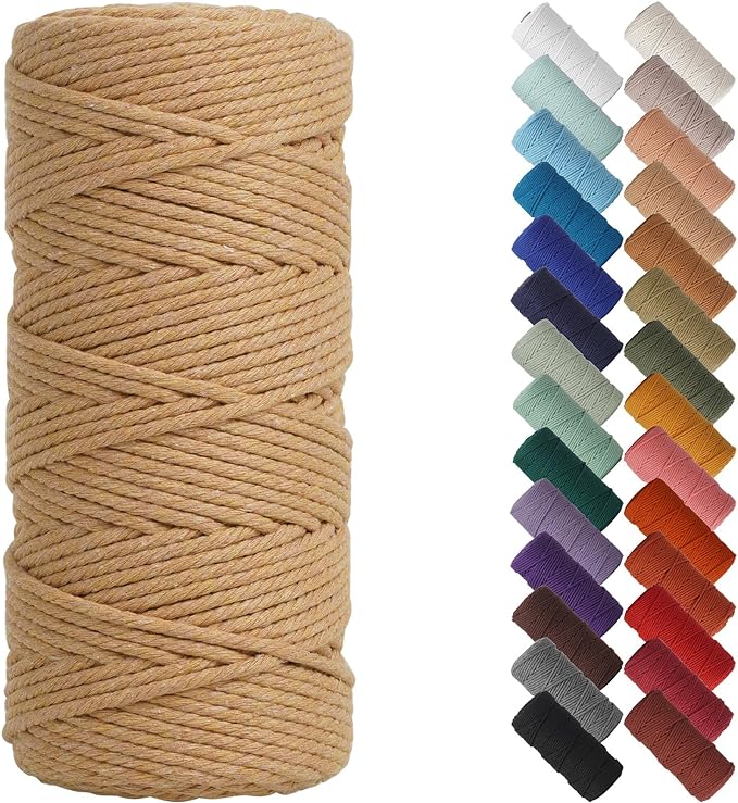 NOANTA Light Tan Macrame Cord 3mm x 109yards, Cotton Rope Macrame Yarn | Macrame Rope Supplies, 3 Strand Twisted Cotton Yarn String, Cotton Cord for Wall Hanging, Plant Hangers, Crafts, Knitting