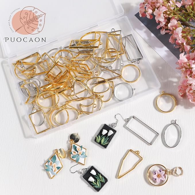 Puocaon Bezels for Clay Jewelry Making - Frame Pendants for Polymer Clay Jewelry Making, Gold Silver Bezels for Earrings, Polymer Clay Supplies, Frame Pendant Earrings Making (60 Pcs)