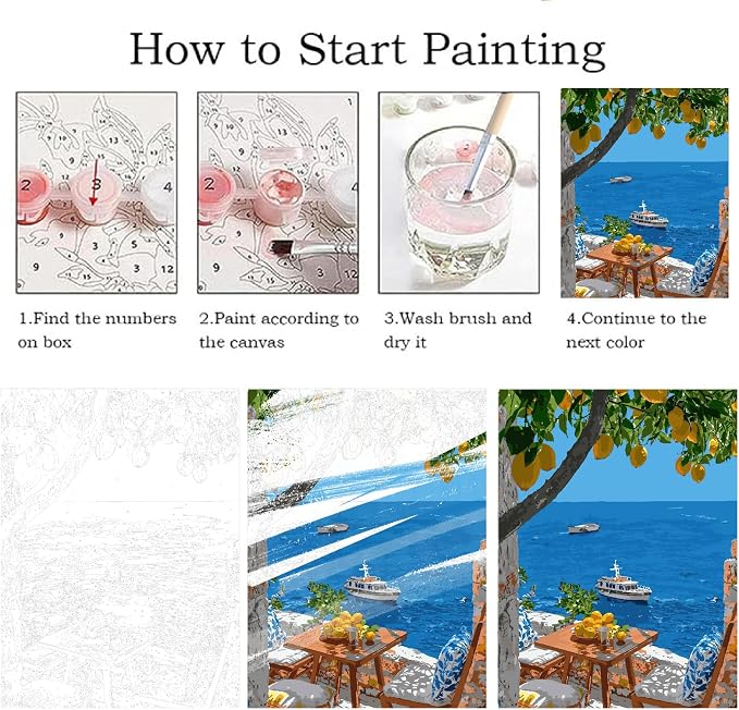 ZRIZQ Paint by Numbers Kit for Adults Beginner,Lemon Tree Sea,16x20 | Full set with wooden brushes,rolled canvas,rich paints.Calming activity.Beginner friendly.Just open and paint.
