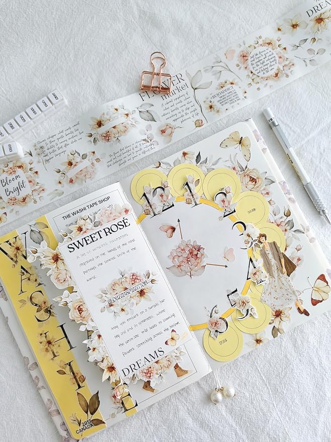 WT Pre-Cut Sweet Rosé Wide PET Tape, Single Roll, Original Designs, Dreamy Rose Motifs & Subtle Handwritten Accents, Decorative Clear Tape for Journaling, Scrapbooking, Planner, DIY Crafts