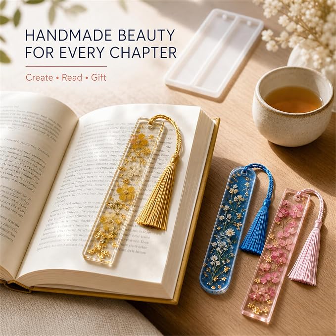 25-Cavity Bookmark Molds for Epoxy Resin,Bookmark Resin molds with Tassels | 30 Tassels in 10 Colors, 3 Five-Cavity Trays and 10 Individual Pieces for DIY Handmade Bookmarks and Gifts