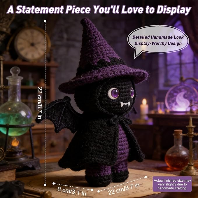 Morcolplus Bat Crochet Kit for Adults, Intermediate Gothic Amigurumi Crochet Kit with Step-by-Step Video Tutorials and All Materials Included, Gothic Room Decor Gift