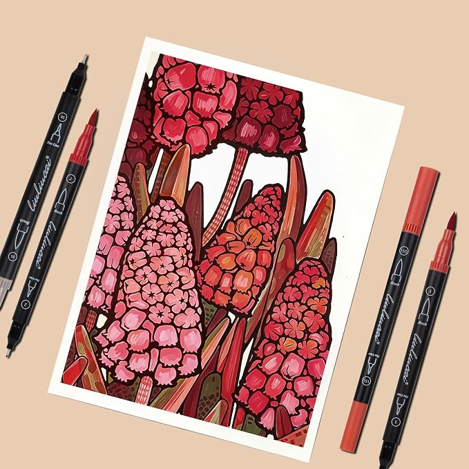 LIULIUCAI 10 Red Dual Markers, Fine & Brush Tip Pen for Adult Coloring