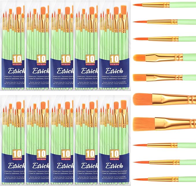ESRICH 100PCS Paint Brushes, Paint Brush for Acrylic Painting | Artist Paintbrushes for Oil Watercolor, Body Face Rock Canvas, Small Paint Brushes for Kids, Green