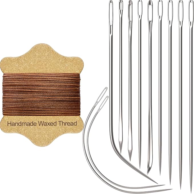 VONEEDL Upholstery Repair Kit: Waxed Sewing Thread (Brown Color) & Heavy Duty Needles (11 PCS) for Leather, Canvas & Quilting Thread