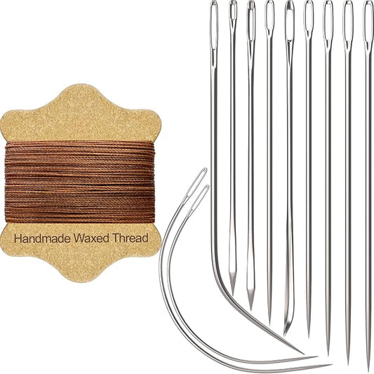 VONEEDL Upholstery Repair Kit: Waxed Sewing Thread (Brown Color) & Heavy Duty Needles (11 PCS) for Leather, Canvas & Quilting Thread