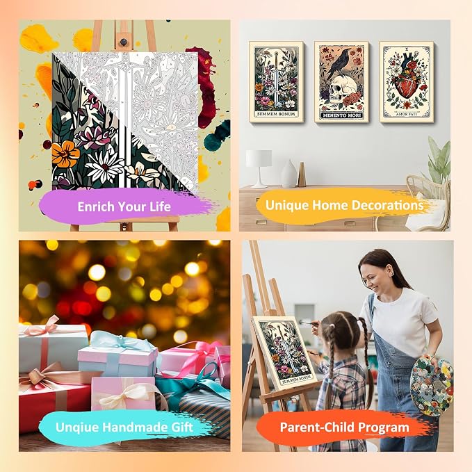 Mandun Tarot Paint by Numbers Kit for Adults, 3 Pack, 7.8x11.8 inch | DIY Painting Kits Crafts for Adults, Relieve Stress, Frame Canvas, Wooden Easel, Gift Box, Home Wall Decor