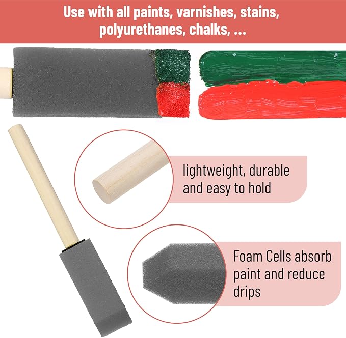 Bates- Foam Paint Brushes with Wood Handle, 1 Inch, 26 Pack, Gray, Sponge Brushes for Painting, Sponge Paint Brush