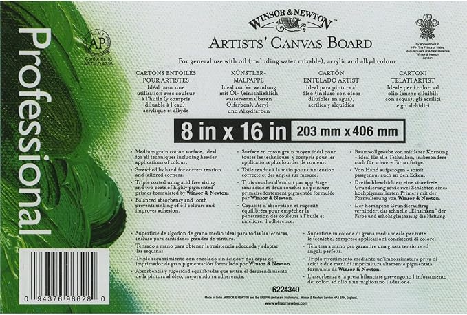 Winsor & Newton Artist's Canvas Board, 8" x 16",White | For Use with Oil, Acrylic & Alkyd Color, Medium Grain Cotton Surface, Ideal for All Techniques, Stretched By Hand