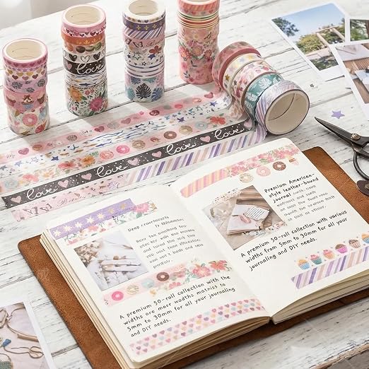 50 Rolls Washi Tape Set, Assorted Sizes, for Junk Journal Scrapbook, Bullet Journaling Scrapbooking Supplies, Planner Sticker DIY Craft Decor (Serene Basics)