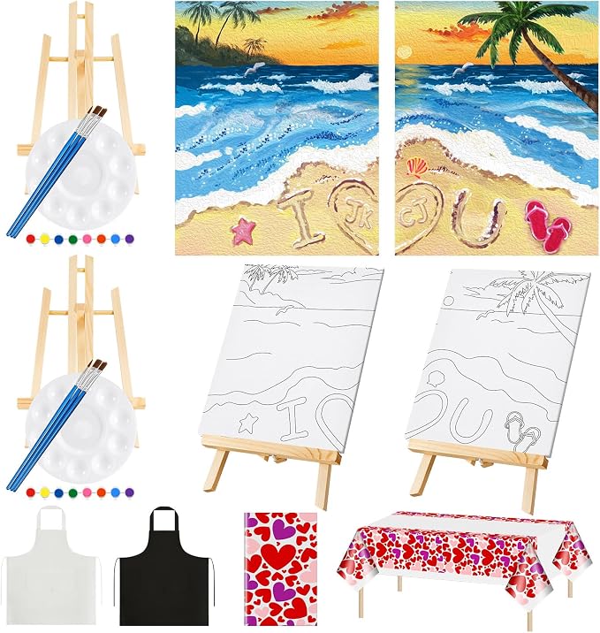 Yeaqee 13 Pcs Sip and Paint Kit for Adults Stretch Canvas Date Night Valentines Painting Kit Supplies Art Painting Set Outline Design Blank Stretch Canvas for Couple Party(Beach,10 x 8 Inch)