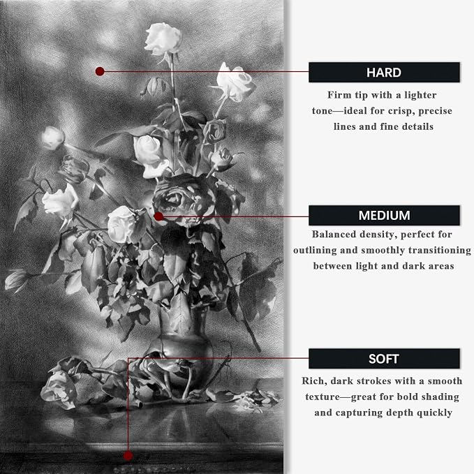 Aenir Compressed Charcoal Sticks Set of 12 – Soft, Medium, Hard Charcoal for Drawing, Sketching & Shading – Art Supplies for Artists, Beginners & Adults