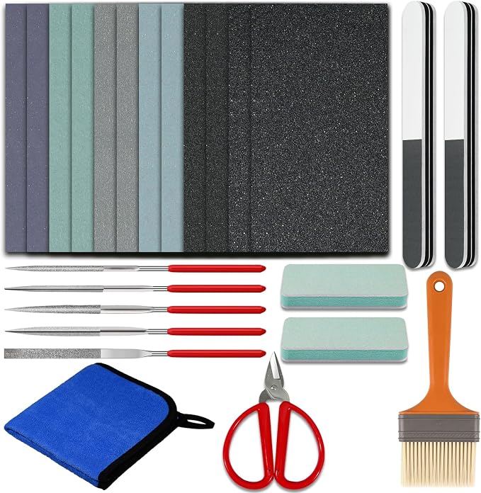 Sakolla 24 Pcs Resin Casting Tools Set - Include Sand Papers, Polishing Blocks, Polishing Cloth, Round File, Semicircular File, Flat File and Scissors for Polishing Epoxy Resin Jewelry Making Supplies