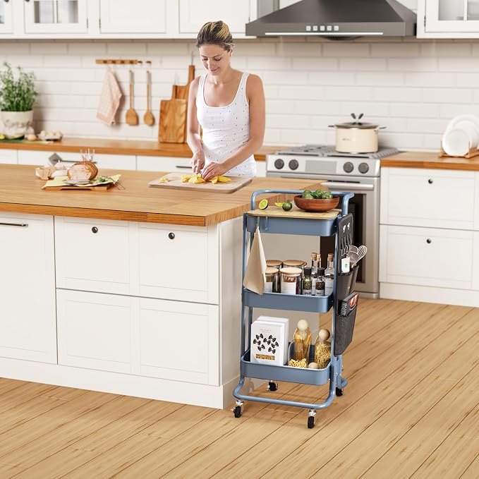 DTK 3-Tier Rolling Cart with Table Top, Metal Utility Cart with Side Bags