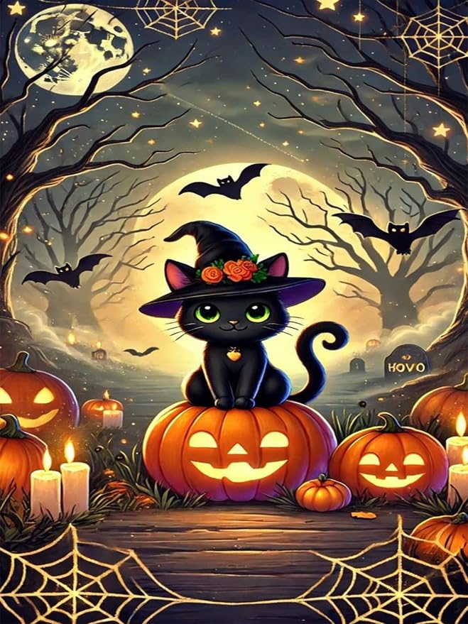 XUCNWL Halloween Diamond Art Kits for Adults,Black Cat Diamond Painting