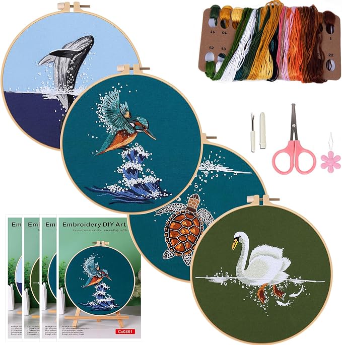 COCOMOX Embroidery Kit for Beginners, Hand Embroidery Stiches Practice Kit | 4 Differernt Animal Pattern, Hand Craft DIY Gift for Adults