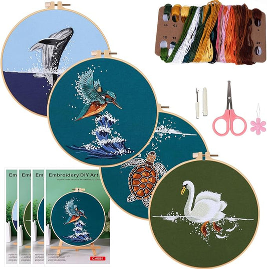 COCOMOX Embroidery Kit for Beginners, Hand Embroidery Stiches Practice Kit | 4 Differernt Animal Pattern, Hand Craft DIY Gift for Adults