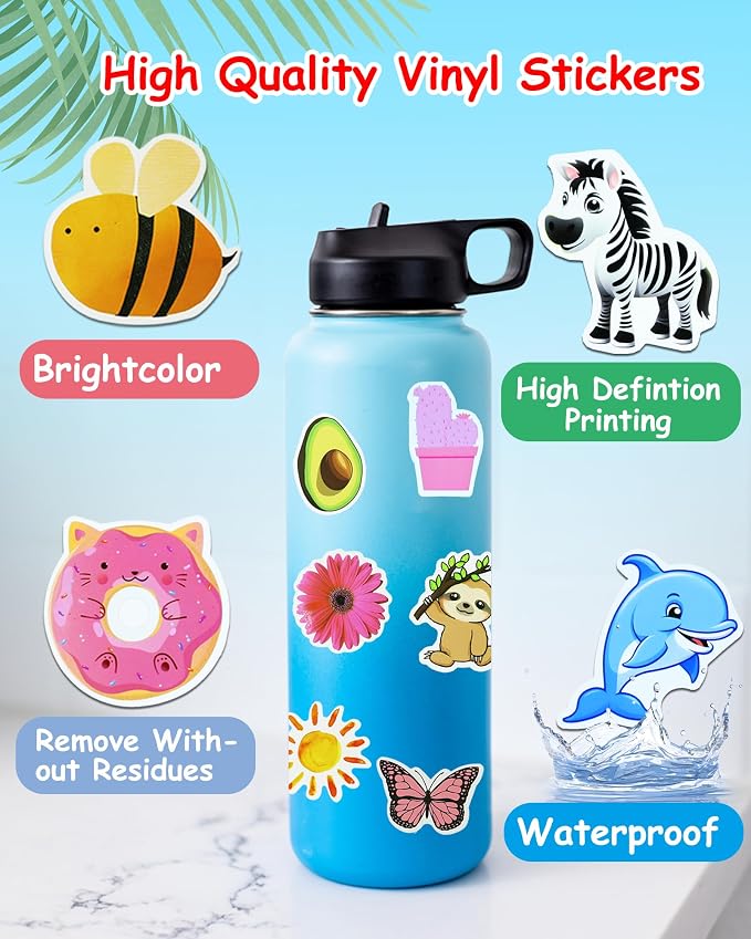 EOAOD 300 Cute Aesthetic Water Bottle Stickers for Kids, Waterproof Vinyl | Perfect for Classroom Prizes and Rewards, Laptops, Skateboards, Notebooks and Crafts, Ideal for Kids, Teens and Students