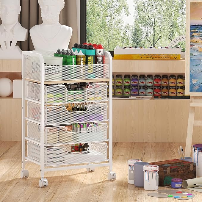 5-Tier Craft Organizer Cart with Wheels,Craft Organizers and Storage with Drawers,Lockable Wheels Rolling Utility Cart with DIY Divider,Office Supply Organizer,Ideal for Studio,Office Patent Pending