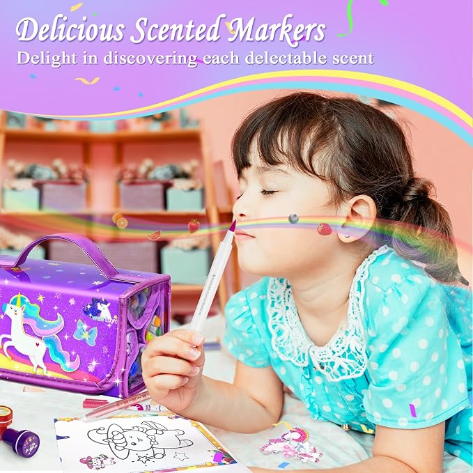56 PCS Washable Scented Markers Set with Glitter Pencil Case, Kids Art Set