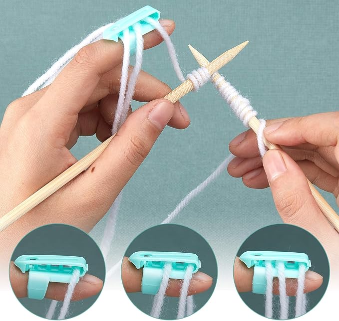 8 Pieces Yarn Guide Finger Holder Knitting Thimble Hand Knitting Supplies, 4 Plastic Yarn Guide, 2 Metal Stainless Steel Thimble Finger Holder, 2 Adjustable Braided Ring for Crochet Craft