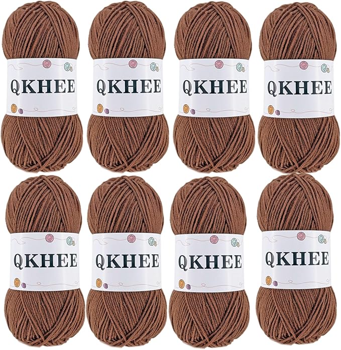 QKHEEYarn for Crocheting and Knitting 8 * 1.76 Oz (50G) /195yd,Fine/Fingering Weight (1), 60% Cotton 40% Acrylic Soft Yarn kit for Making Granny Squares and amigurumi (34#Coffee)